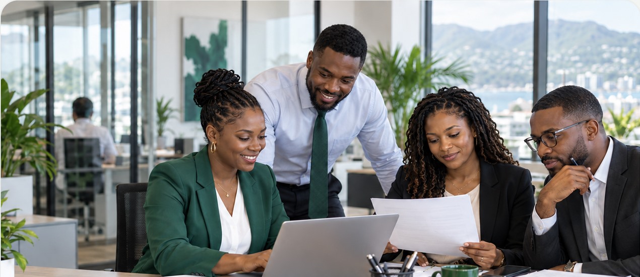 Corporate professionals reviewing documents in an office